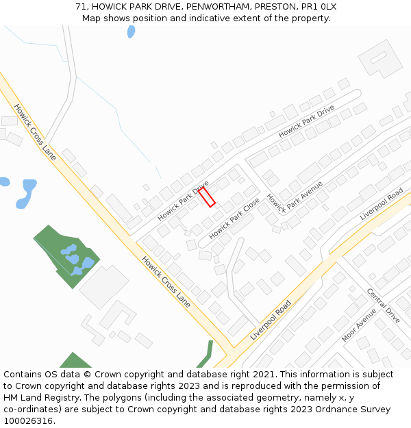 71, HOWICK PARK DRIVE, PENWORTHAM, PRESTON, PR1 0LX: Location map and indicative extent of plot