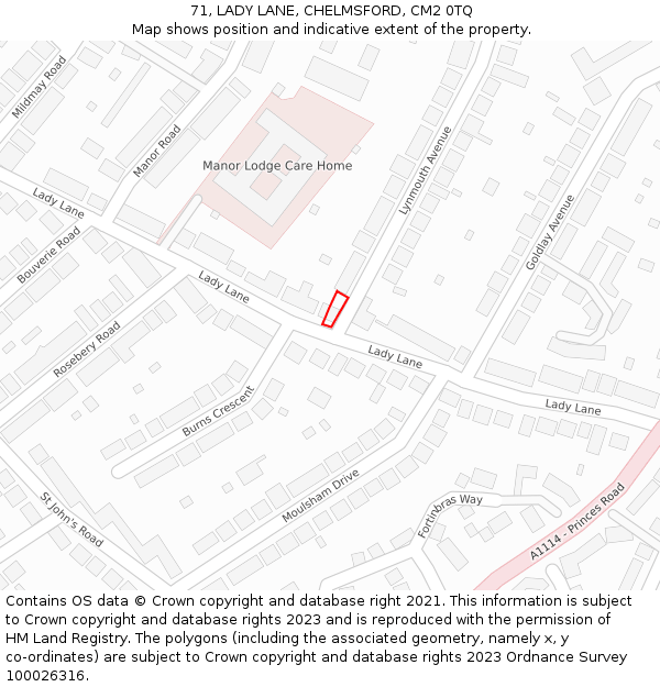 71, LADY LANE, CHELMSFORD, CM2 0TQ: Location map and indicative extent of plot
