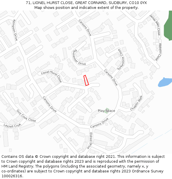 71, LIONEL HURST CLOSE, GREAT CORNARD, SUDBURY, CO10 0YX: Location map and indicative extent of plot