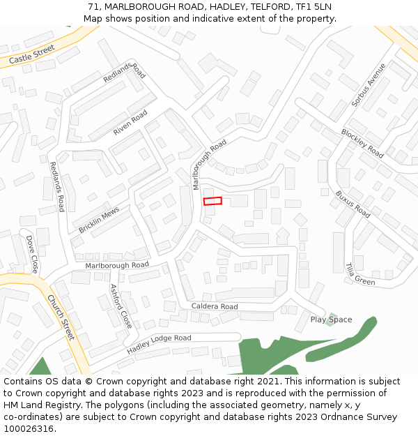 71, MARLBOROUGH ROAD, HADLEY, TELFORD, TF1 5LN: Location map and indicative extent of plot