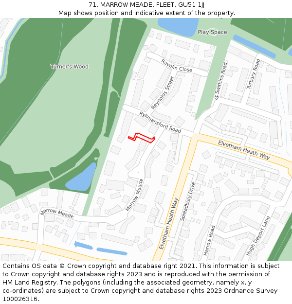 71, MARROW MEADE, FLEET, GU51 1JJ: Location map and indicative extent of plot