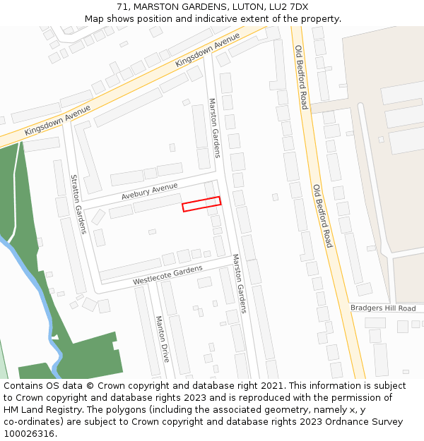 71, MARSTON GARDENS, LUTON, LU2 7DX: Location map and indicative extent of plot