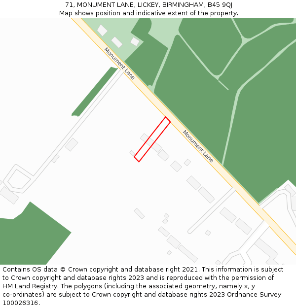 71, MONUMENT LANE, LICKEY, BIRMINGHAM, B45 9QJ: Location map and indicative extent of plot