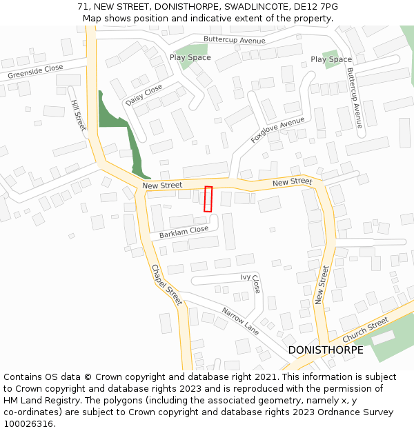 71, NEW STREET, DONISTHORPE, SWADLINCOTE, DE12 7PG: Location map and indicative extent of plot