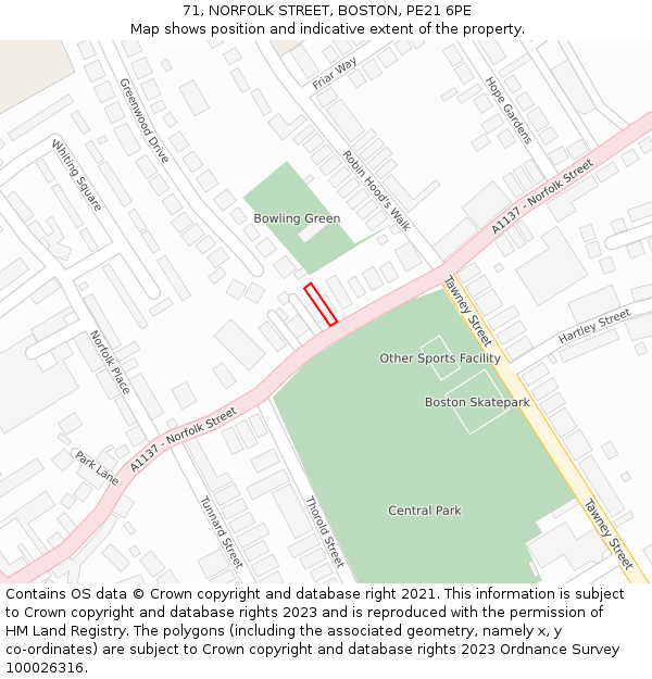 71, NORFOLK STREET, BOSTON, PE21 6PE: Location map and indicative extent of plot