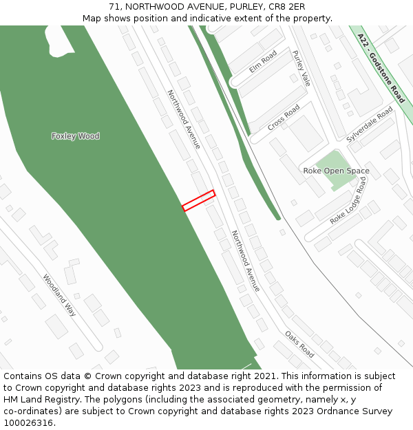 71, NORTHWOOD AVENUE, PURLEY, CR8 2ER: Location map and indicative extent of plot