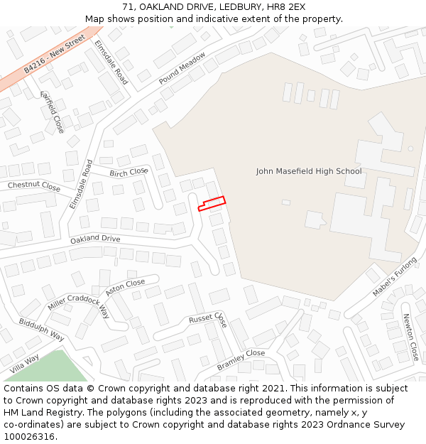 71, OAKLAND DRIVE, LEDBURY, HR8 2EX: Location map and indicative extent of plot