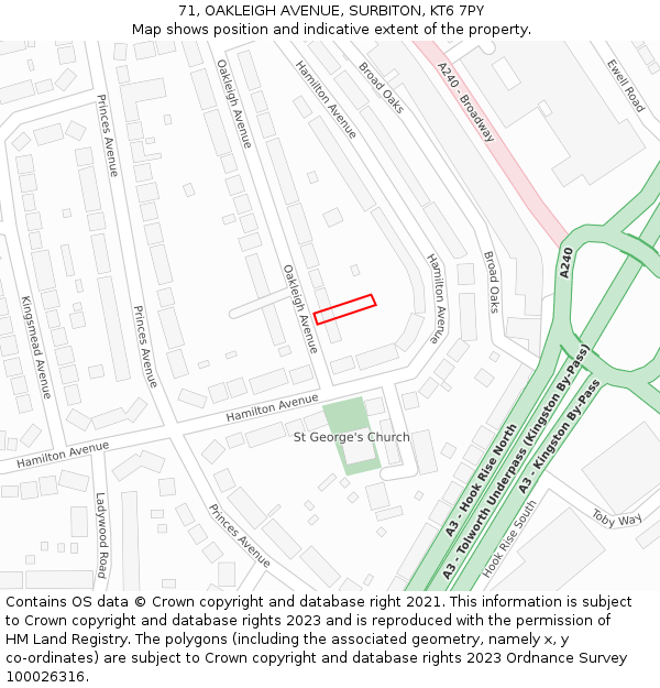 71, OAKLEIGH AVENUE, SURBITON, KT6 7PY: Location map and indicative extent of plot