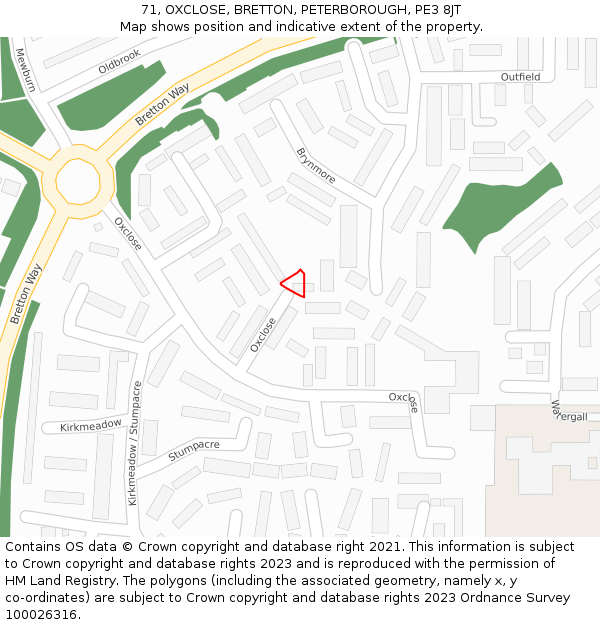 71, OXCLOSE, BRETTON, PETERBOROUGH, PE3 8JT: Location map and indicative extent of plot