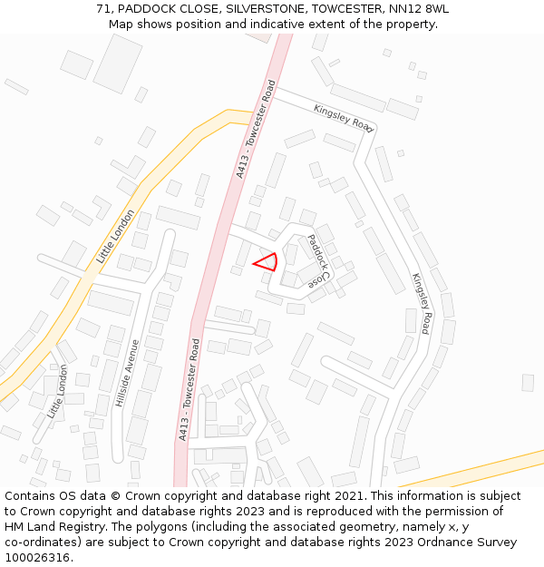 71, PADDOCK CLOSE, SILVERSTONE, TOWCESTER, NN12 8WL: Location map and indicative extent of plot