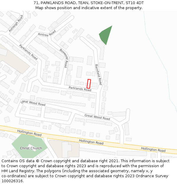 71, PARKLANDS ROAD, TEAN, STOKE-ON-TRENT, ST10 4DT: Location map and indicative extent of plot
