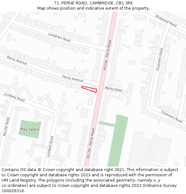 71, PERNE ROAD, CAMBRIDGE, CB1 3RX: Location map and indicative extent of plot
