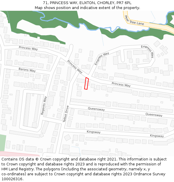 71, PRINCESS WAY, EUXTON, CHORLEY, PR7 6PL: Location map and indicative extent of plot