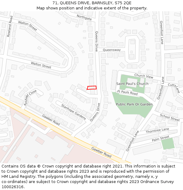 71, QUEENS DRIVE, BARNSLEY, S75 2QE: Location map and indicative extent of plot