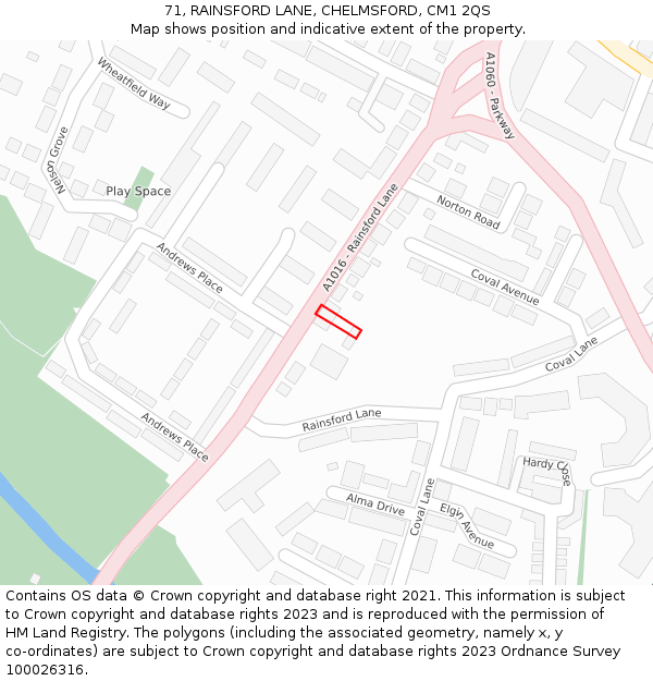 71, RAINSFORD LANE, CHELMSFORD, CM1 2QS: Location map and indicative extent of plot