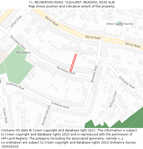 71, RECREATION ROAD, TILEHURST, READING, RG30 4UB: Location map and indicative extent of plot