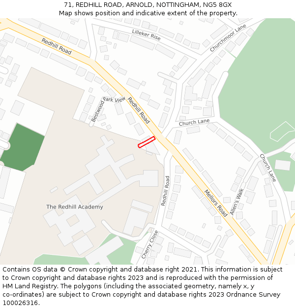 71, REDHILL ROAD, ARNOLD, NOTTINGHAM, NG5 8GX: Location map and indicative extent of plot