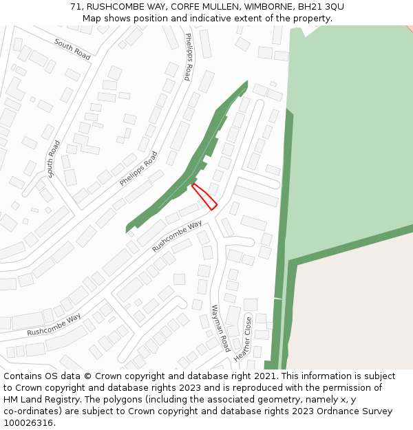 71, RUSHCOMBE WAY, CORFE MULLEN, WIMBORNE, BH21 3QU: Location map and indicative extent of plot