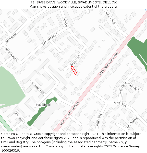 71, SAGE DRIVE, WOODVILLE, SWADLINCOTE, DE11 7JX: Location map and indicative extent of plot