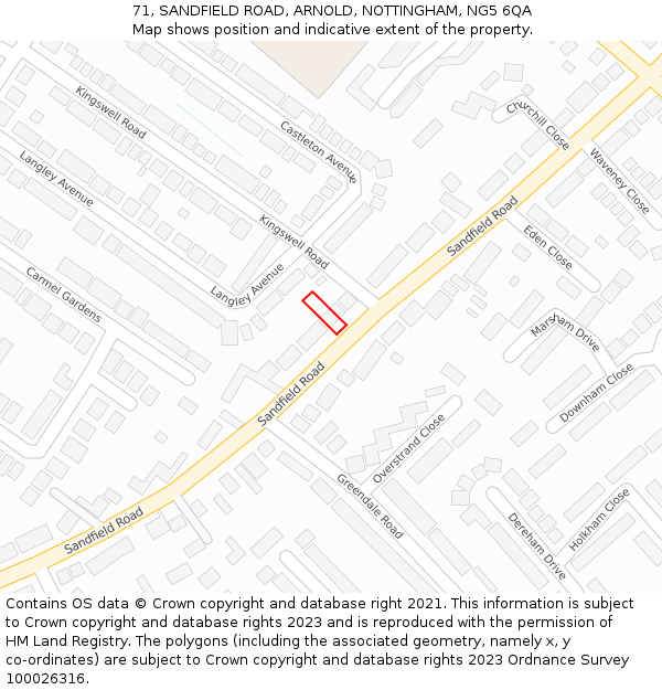 71, SANDFIELD ROAD, ARNOLD, NOTTINGHAM, NG5 6QA: Location map and indicative extent of plot
