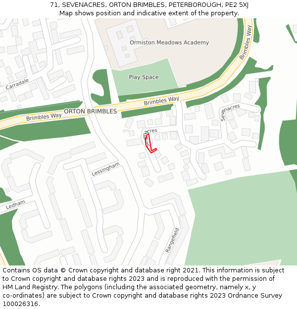 71, SEVENACRES, ORTON BRIMBLES, PETERBOROUGH, PE2 5XJ: Location map and indicative extent of plot