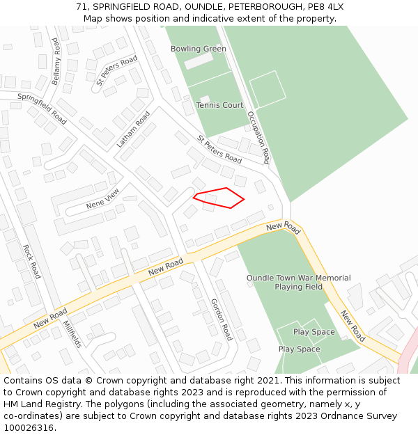 71, SPRINGFIELD ROAD, OUNDLE, PETERBOROUGH, PE8 4LX: Location map and indicative extent of plot