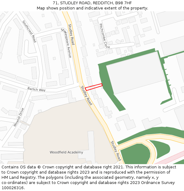 71, STUDLEY ROAD, REDDITCH, B98 7HF: Location map and indicative extent of plot