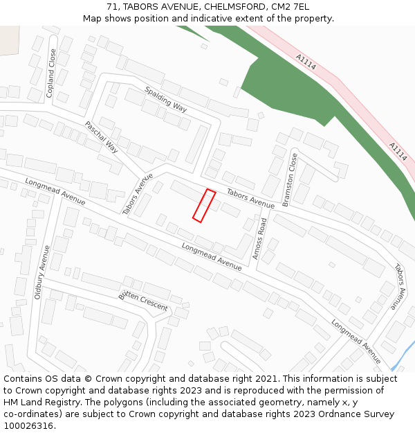 71, TABORS AVENUE, CHELMSFORD, CM2 7EL: Location map and indicative extent of plot