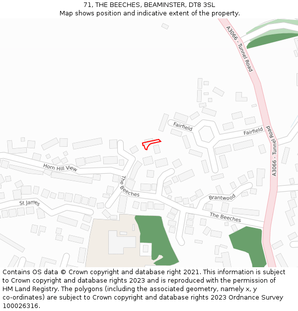 71, THE BEECHES, BEAMINSTER, DT8 3SL: Location map and indicative extent of plot