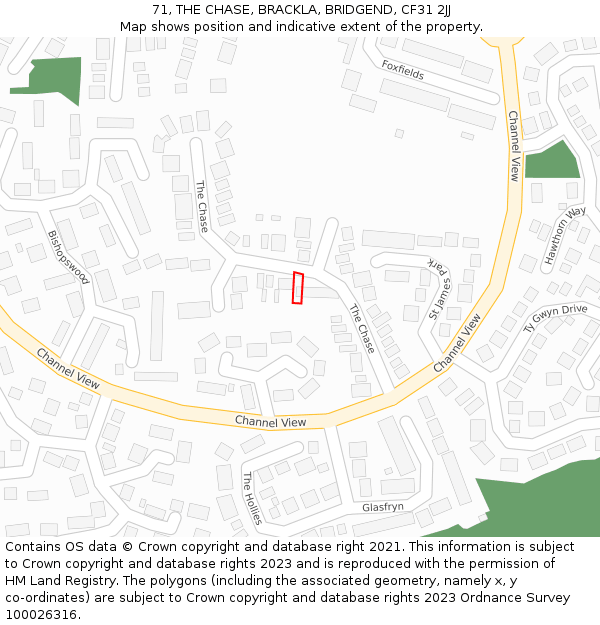 71, THE CHASE, BRACKLA, BRIDGEND, CF31 2JJ: Location map and indicative extent of plot