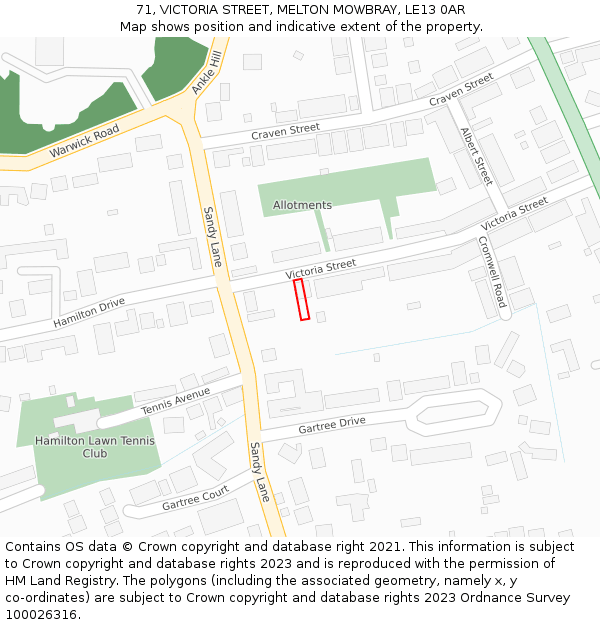 71, VICTORIA STREET, MELTON MOWBRAY, LE13 0AR: Location map and indicative extent of plot
