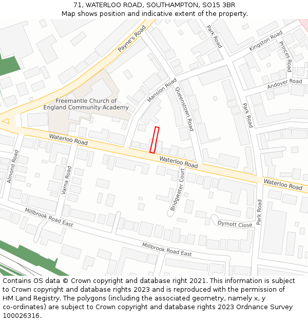 71, WATERLOO ROAD, SOUTHAMPTON, SO15 3BR: Location map and indicative extent of plot