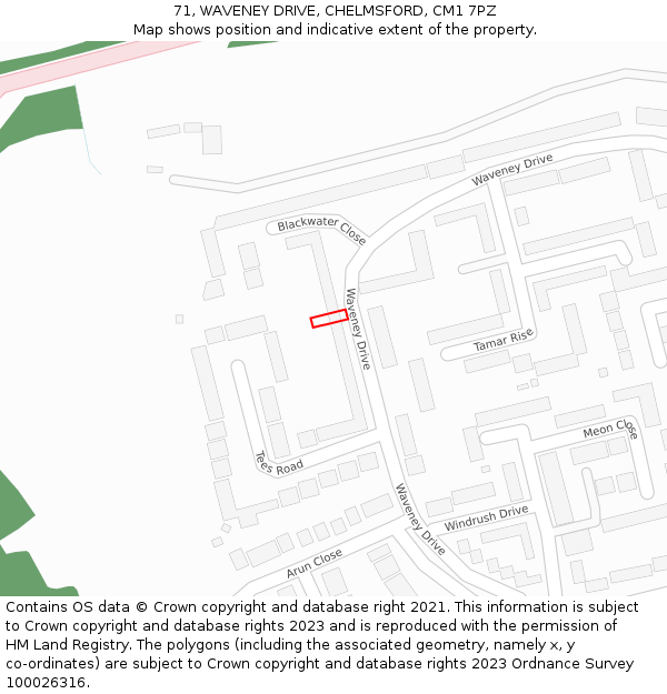 71, WAVENEY DRIVE, CHELMSFORD, CM1 7PZ: Location map and indicative extent of plot