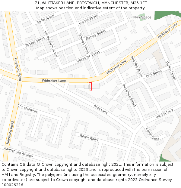 71, WHITTAKER LANE, PRESTWICH, MANCHESTER, M25 1ET: Location map and indicative extent of plot