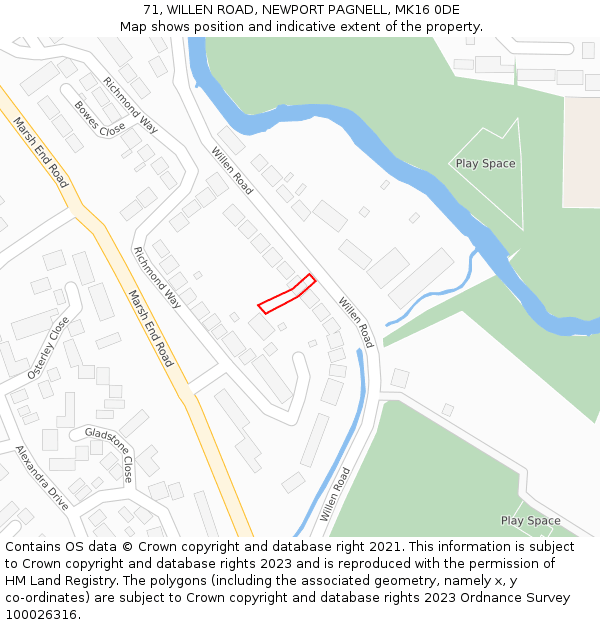 71, WILLEN ROAD, NEWPORT PAGNELL, MK16 0DE: Location map and indicative extent of plot