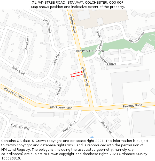 71, WINSTREE ROAD, STANWAY, COLCHESTER, CO3 0QF: Location map and indicative extent of plot
