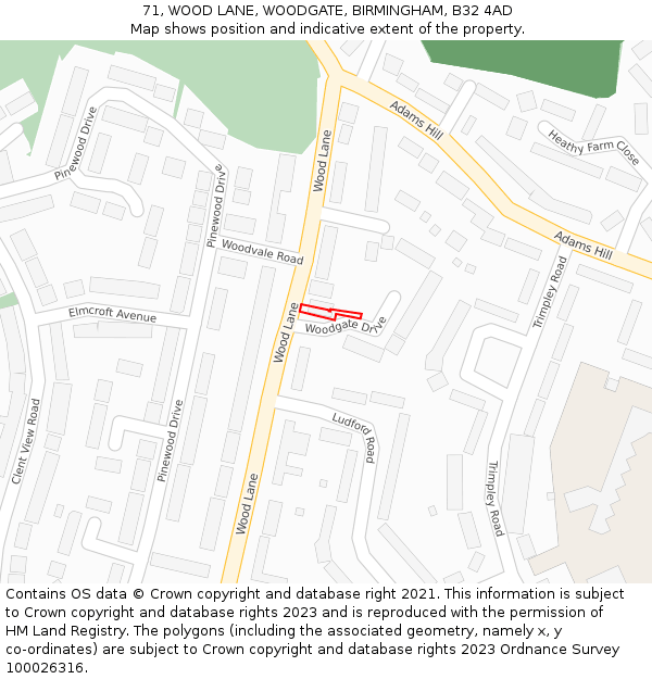 71, WOOD LANE, WOODGATE, BIRMINGHAM, B32 4AD: Location map and indicative extent of plot