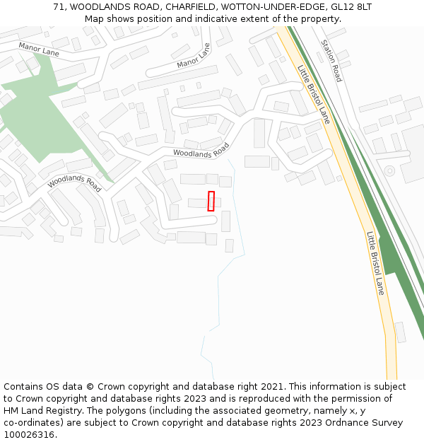 71, WOODLANDS ROAD, CHARFIELD, WOTTON-UNDER-EDGE, GL12 8LT: Location map and indicative extent of plot