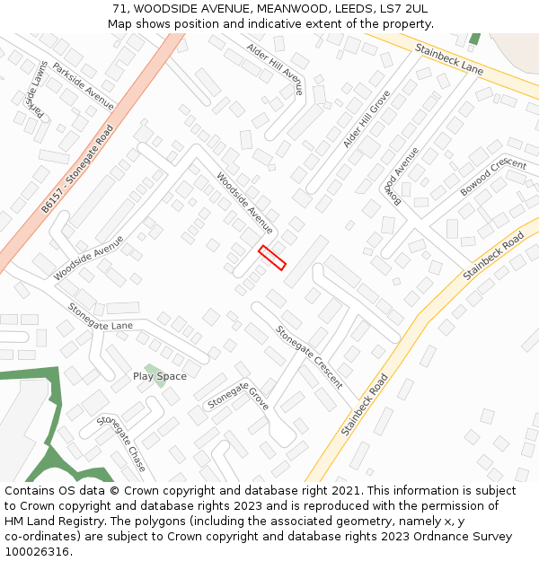 71, WOODSIDE AVENUE, MEANWOOD, LEEDS, LS7 2UL: Location map and indicative extent of plot