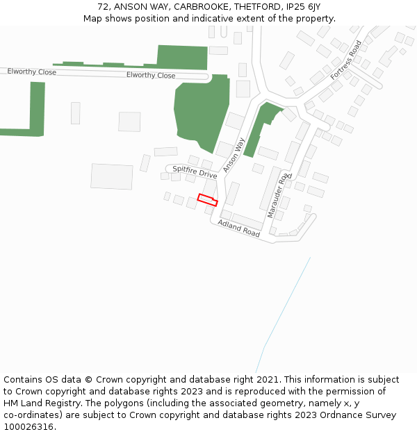 72, ANSON WAY, CARBROOKE, THETFORD, IP25 6JY: Location map and indicative extent of plot