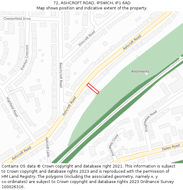 72, ASHCROFT ROAD, IPSWICH, IP1 6AD: Location map and indicative extent of plot