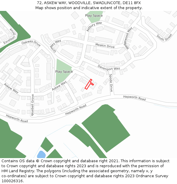 72, ASKEW WAY, WOODVILLE, SWADLINCOTE, DE11 8FX: Location map and indicative extent of plot