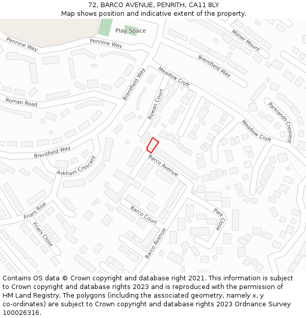 72, BARCO AVENUE, PENRITH, CA11 8LY: Location map and indicative extent of plot