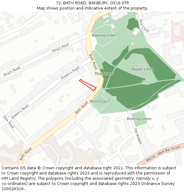 72, BATH ROAD, BANBURY, OX16 0TR: Location map and indicative extent of plot