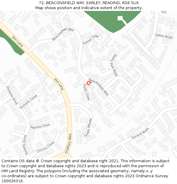 72, BEACONSFIELD WAY, EARLEY, READING, RG6 5UX: Location map and indicative extent of plot