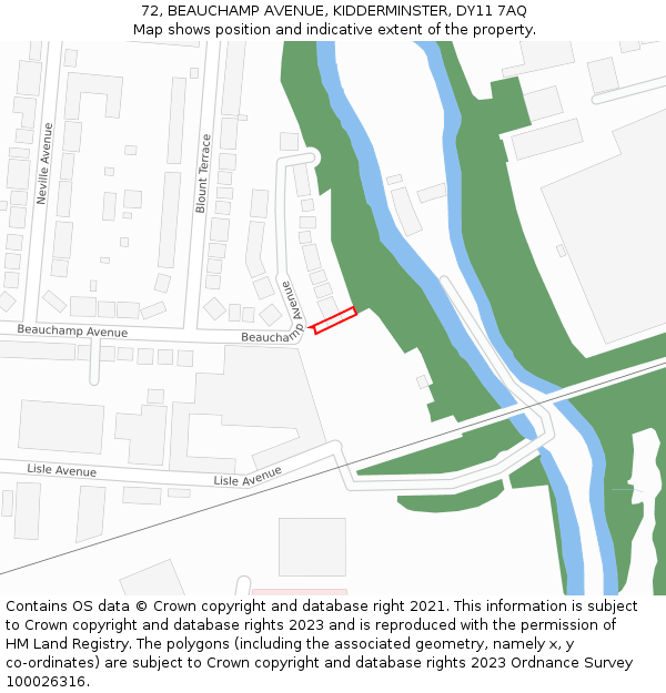 72, BEAUCHAMP AVENUE, KIDDERMINSTER, DY11 7AQ: Location map and indicative extent of plot