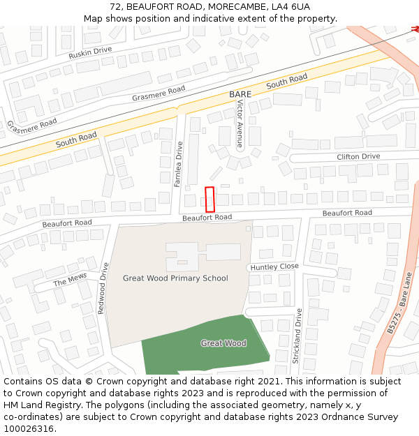 72, BEAUFORT ROAD, MORECAMBE, LA4 6UA: Location map and indicative extent of plot