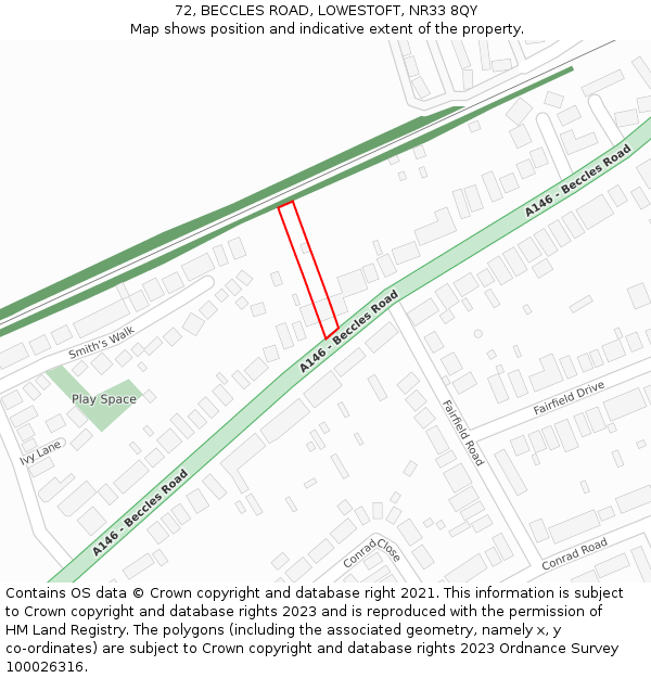 72, BECCLES ROAD, LOWESTOFT, NR33 8QY: Location map and indicative extent of plot