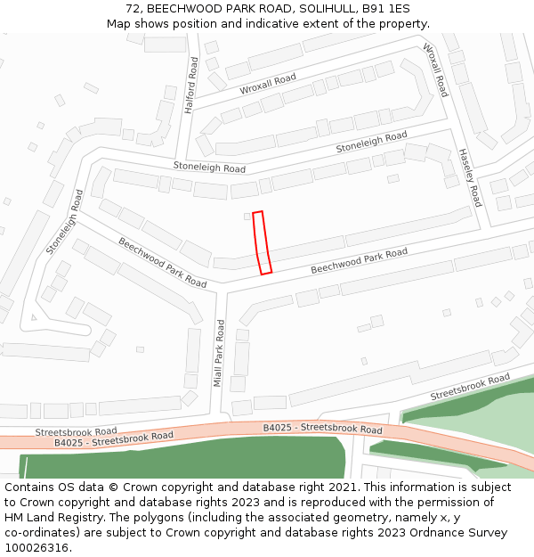 72, BEECHWOOD PARK ROAD, SOLIHULL, B91 1ES: Location map and indicative extent of plot