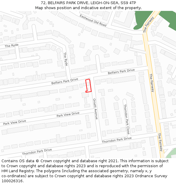 72, BELFAIRS PARK DRIVE, LEIGH-ON-SEA, SS9 4TP: Location map and indicative extent of plot